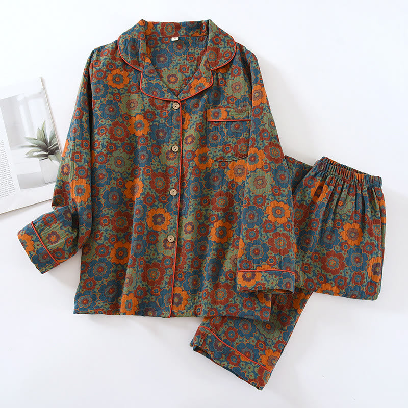 Colorful Floral Button Cotton Loungewear Set