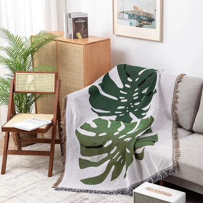 Vivid Monstera Knitted Tassel Sofa Blanket