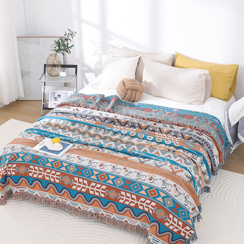 Cotton Gauze Retro Geometric Tassel Quilt