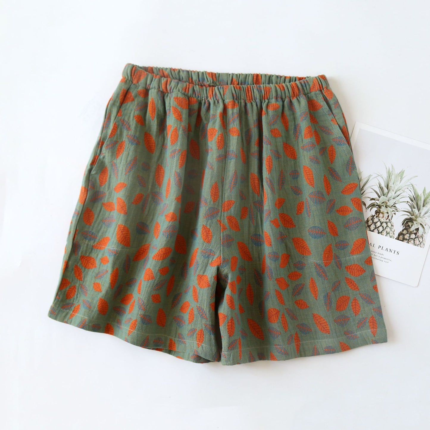 Cotton Gauze Floral Leaf Pajama Shorts