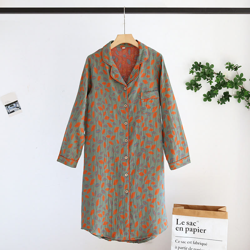 Leaf Tuxedo Button Cotton Nightdress