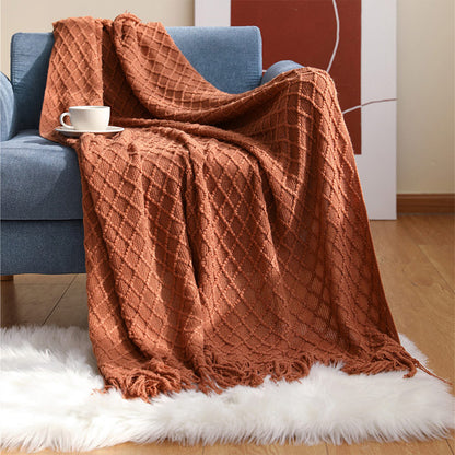 Ownkoti Knitted Prismatic Pattern Blanket with Tassels