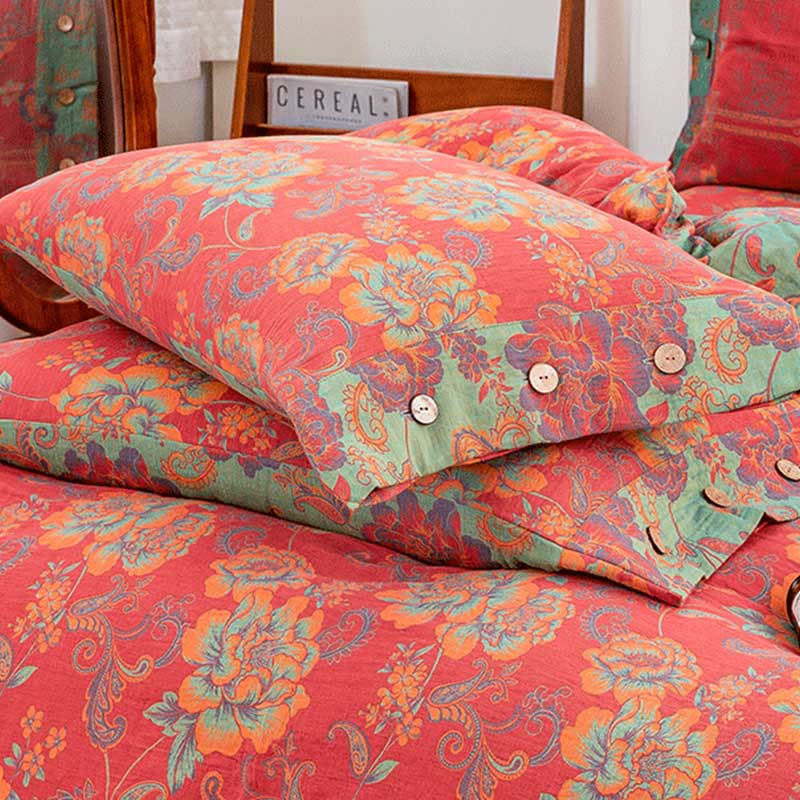 Flower Print Red Cotton Bedding Sets(4PCS)