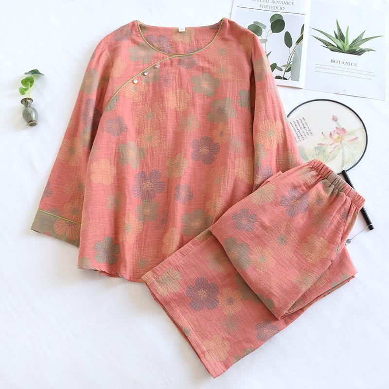 Round-neck Pure Cotton Floral Loungewear Set