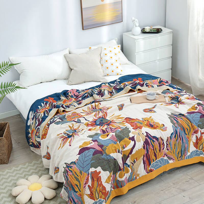 Butterfly Flower Print Cotton Reversible Quilt