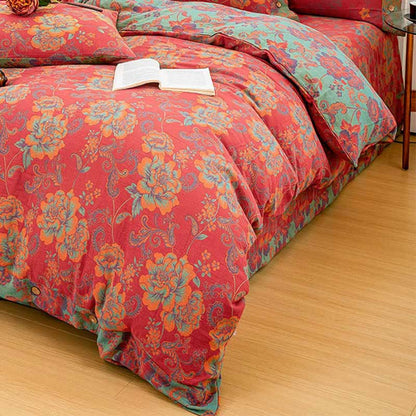 Flower Print Red Cotton Bedding Sets(4PCS)