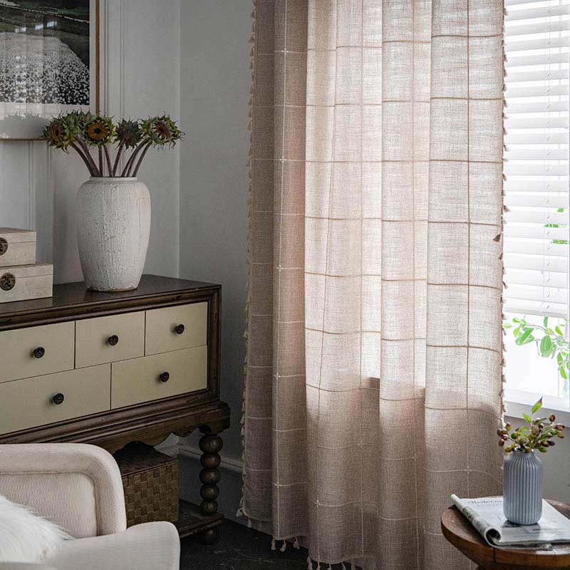 Tassel Plaid Curtain Semi Blackout Drapes