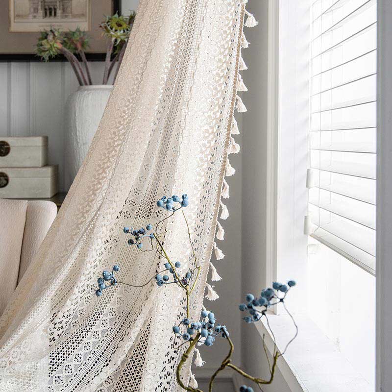 Cotton Beige Curtain Hollow-Out Tassel Drapes