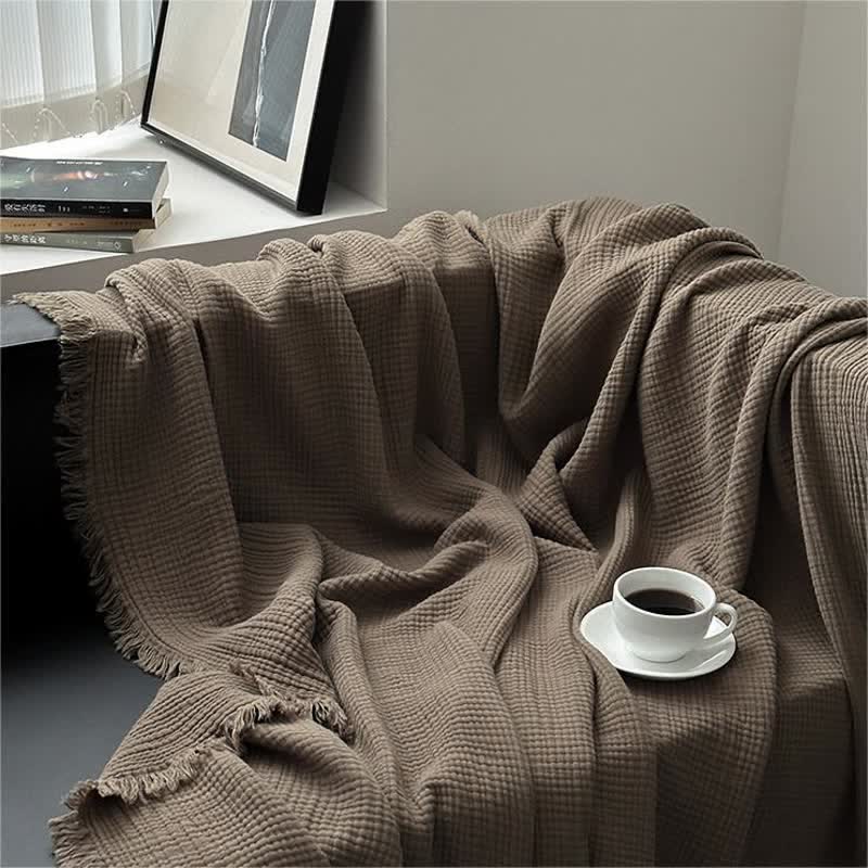 Solid Color Cotton Gauze Tassel Blanket