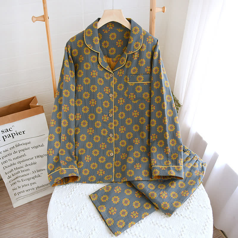 Sunflower Cotton Lapel Nightwear Set