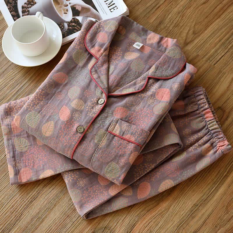 Leaf Flower Button Cotton Loungewear Set