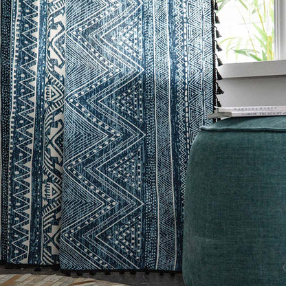 Blue Geometric Pattern Light Filtering Curtain