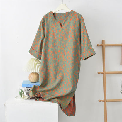 Round Neck Cotton Gauze Leaf Nightwear