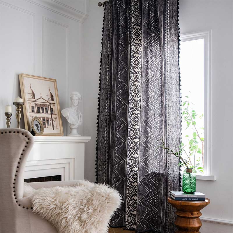 Ownkoti Bohemian Black Geometric Cotton Tassels Curtains