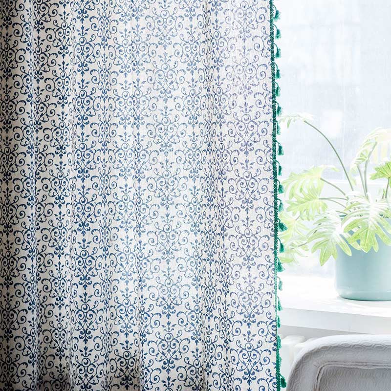 Blue Pattern Green Tassel Cotton Linen Curtain