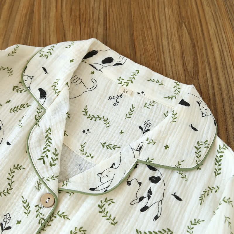 Cute Cat & Leaf Cotton Pajama Set