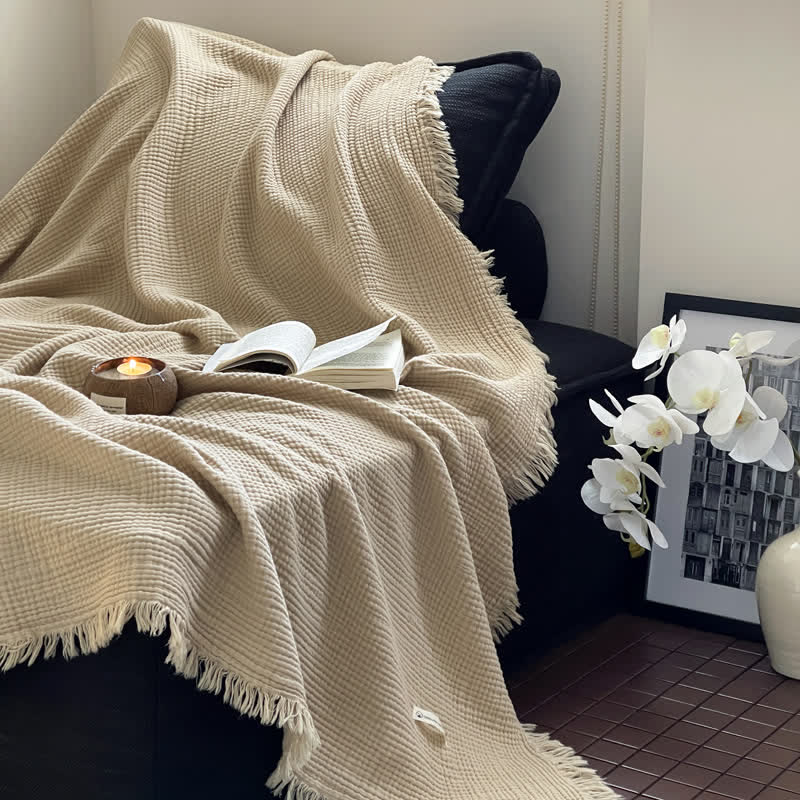 Solid Color Cotton Gauze Tassel Blanket