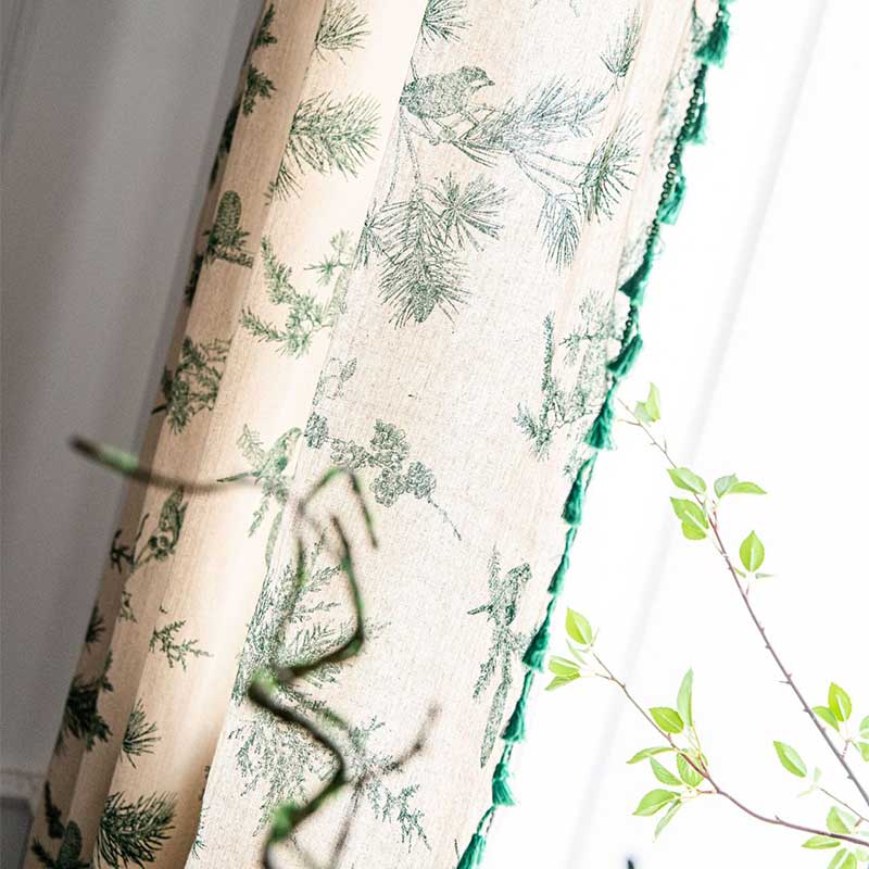 Green Pine Bird Pattern Tassel Curtain