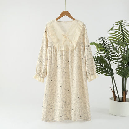 Pastoral Cotton Double Layers Gauze Nightgown - Beige & Gray - XL - image 8