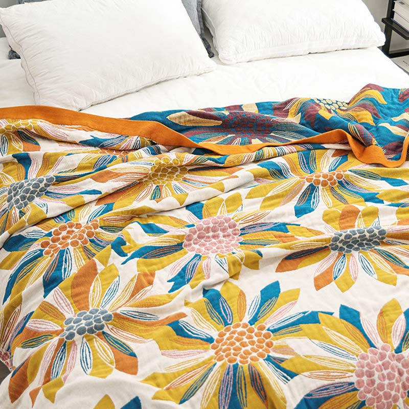 Ownkoti Yellow Flower Print Cotton Reversible Quilt