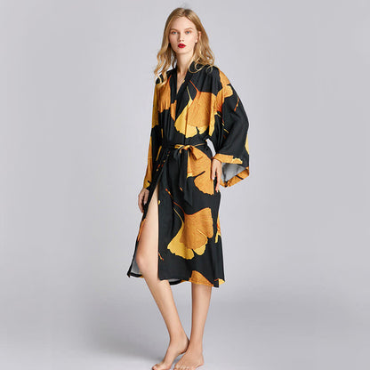 Ginkgo Ice Silk V-neck Bathrobe Pajama