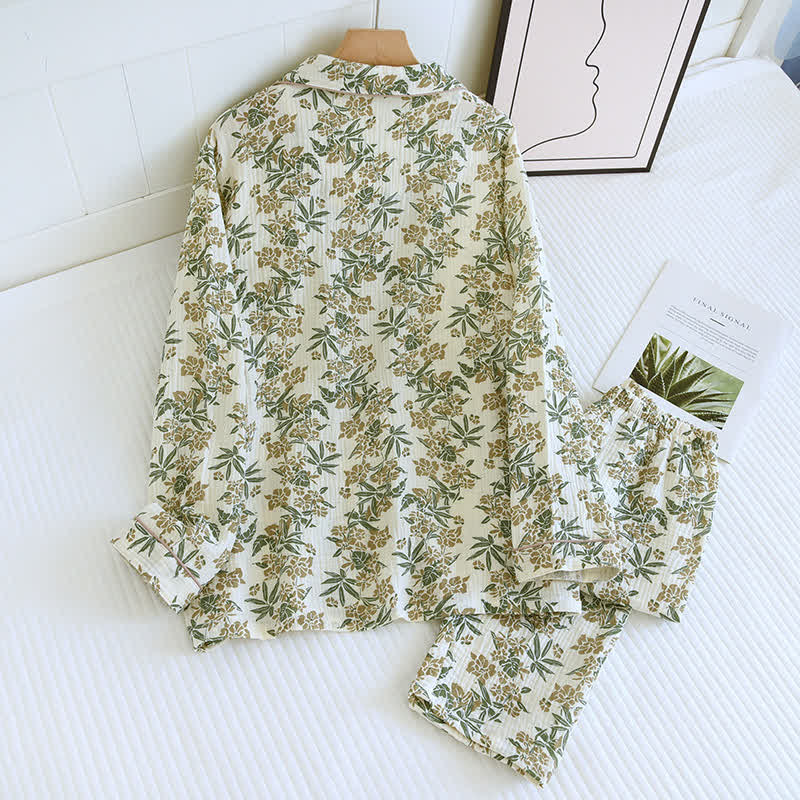 Vivid Leaf Cotton Lapel Pajama Set