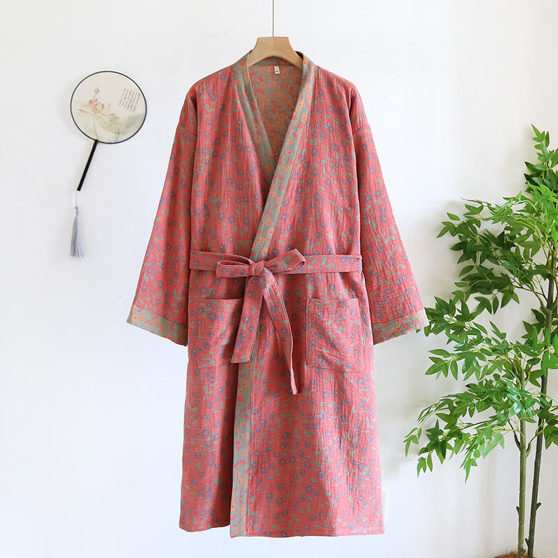 Jacquard Cotton Gauze Comfy Floral Bathrobe