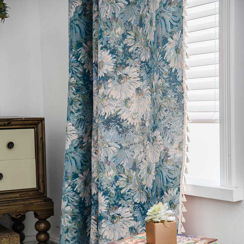 Flower Oil Painting Style Tassel Curtain