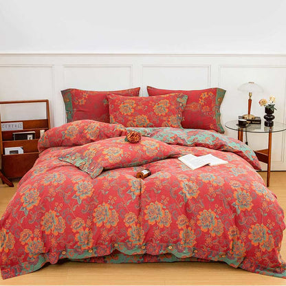 Flower Print Red Cotton Bedding Sets(4PCS)