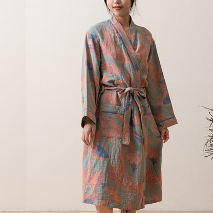 Large Leaf Cotton Bathrobe with Tie