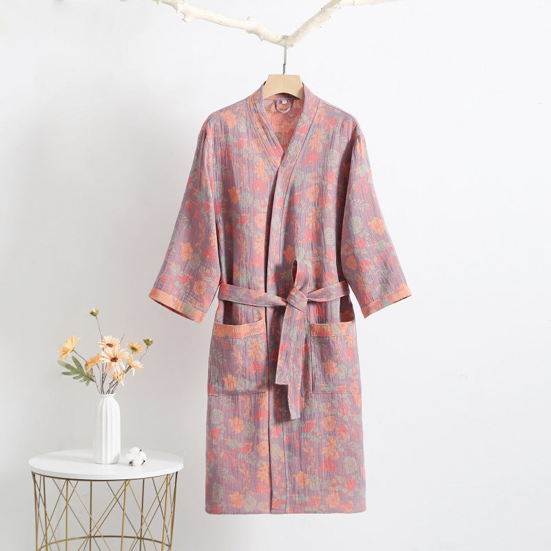 V-neck Floral Cotton Gauze Bathrobe