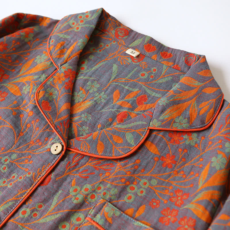 Vintage Leaf Cotton Lapel Loungewear Set - image 3