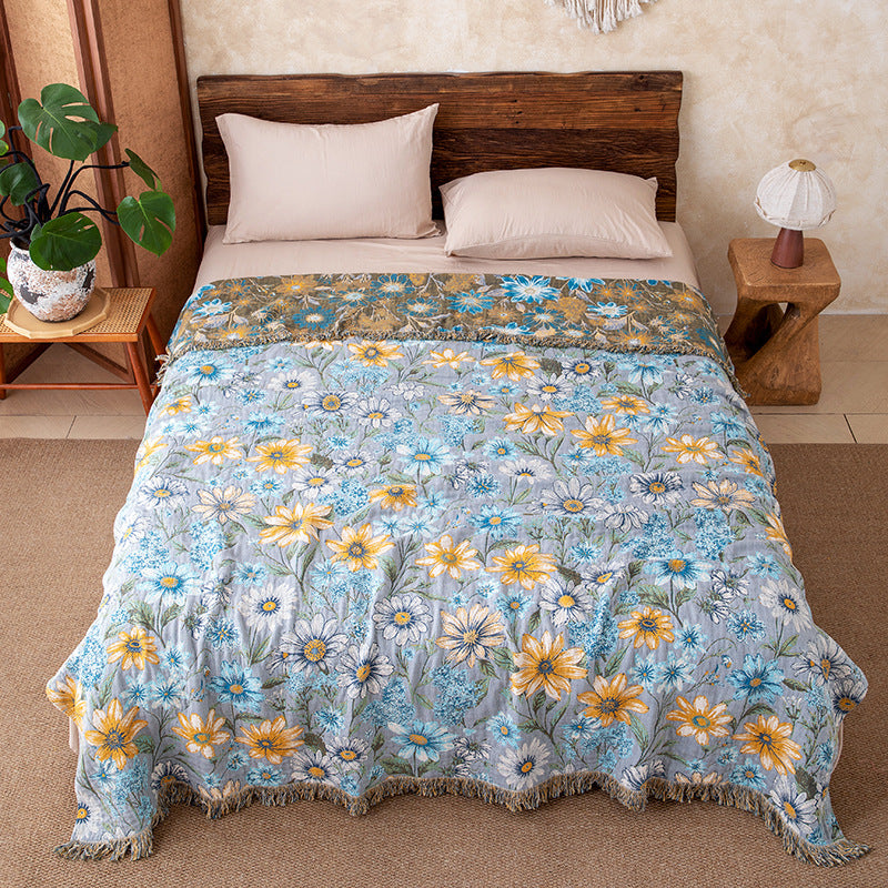 Vintage Floral Daisy Fringed Gauze Quilt - Queen - image 0