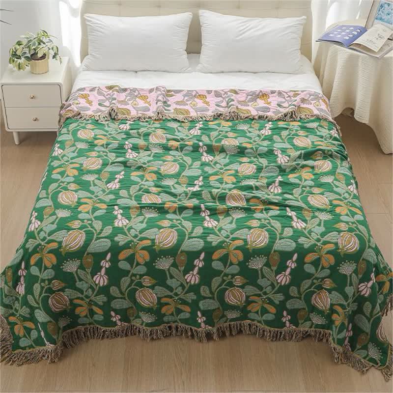 Cotton Gauze Floral Tassel Reversible Blanket