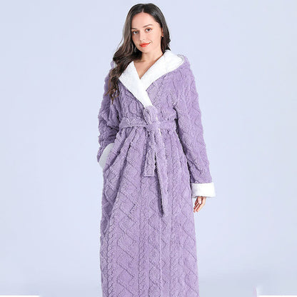 Ownkoti Jacquard Hoodie Long Bathrobe with Belt