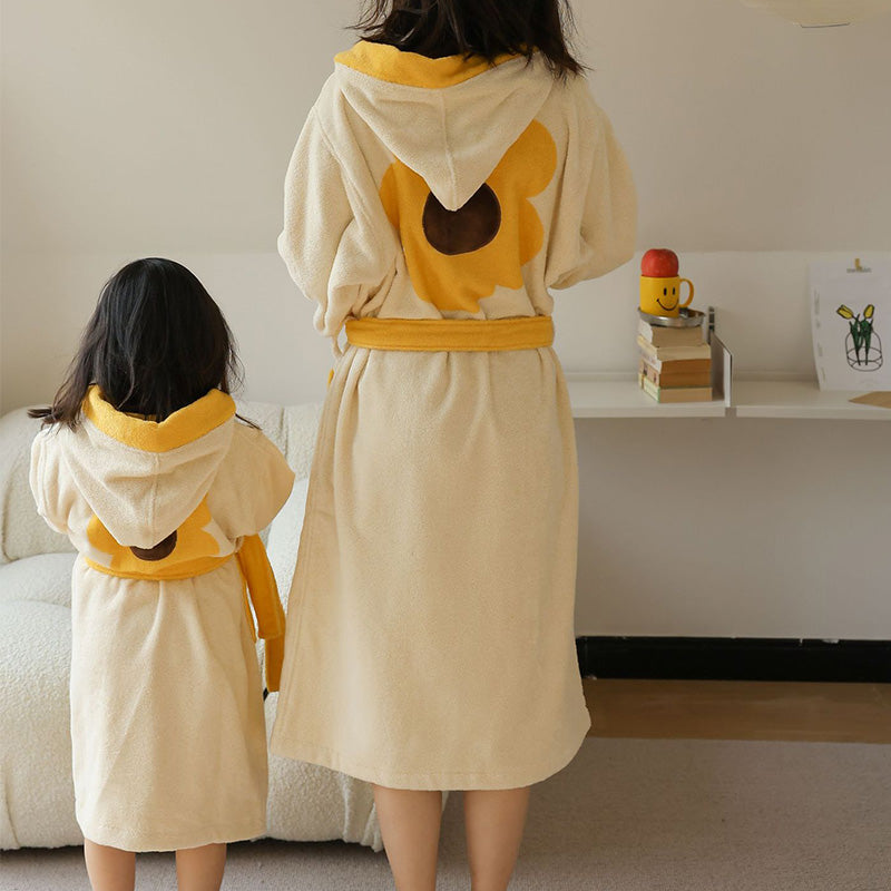 Flower Colorblock Cotton Hooded Bathrobe