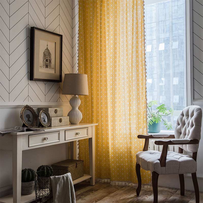 Ownkoti Yellow Plaid Translucent Curtains with Tassels