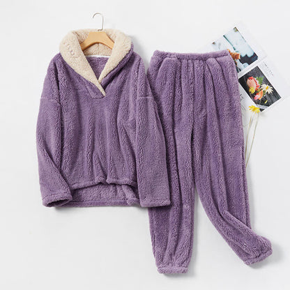 Ownkoti Simple V-Neck Warm Winter Loungewear Set