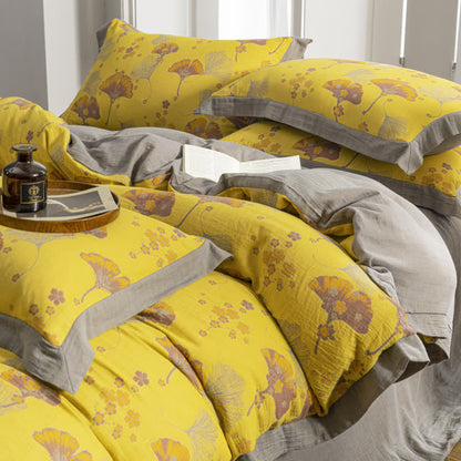 Vintage Ginkgo Leaf Cotton Gauze Bedding Set (4PCS)