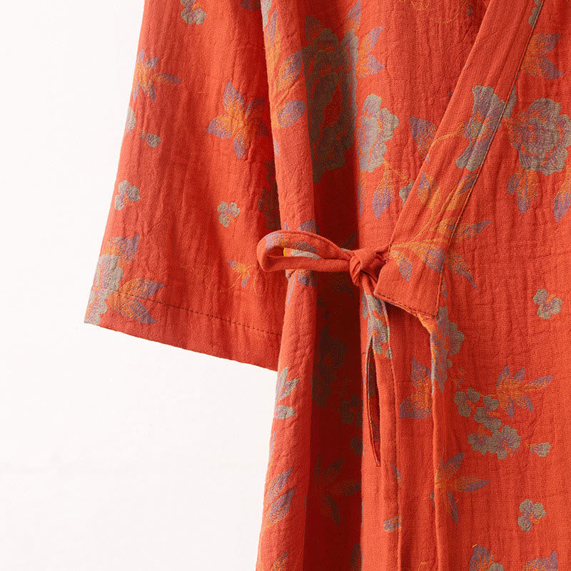 Flower Jacquard Cotton V-Neck Bathrobe Pajama