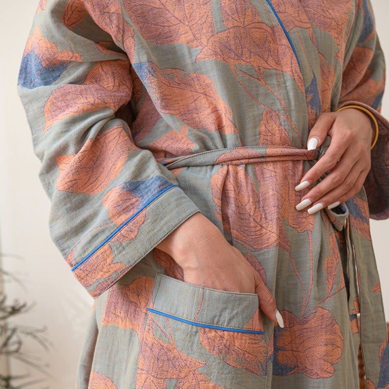 Large Leaf Cotton Bathrobe with Tie