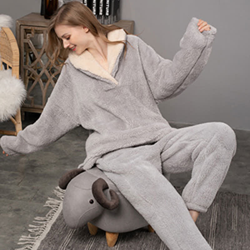 Ownkoti Simple V-Neck Warm Winter Loungewear Set