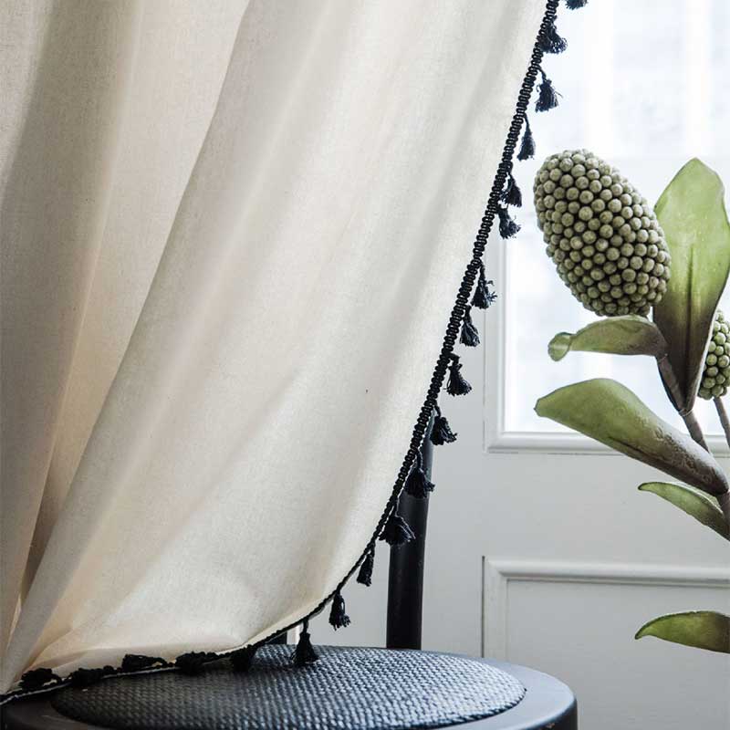 Cotton Linen Beige Curtain with Black Tassel