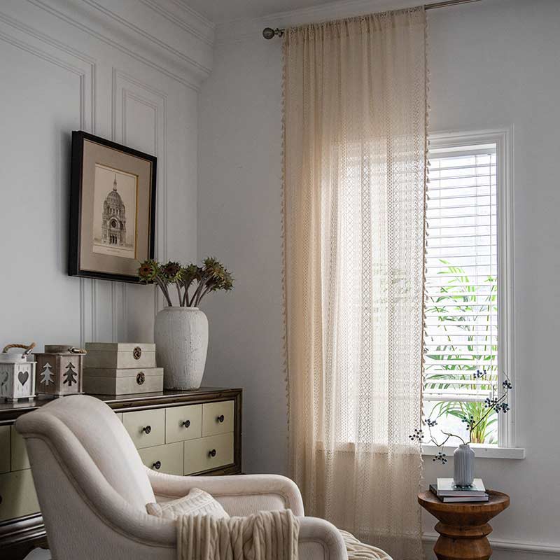 Cotton Beige Curtain Hollow-Out Tassel Drapes