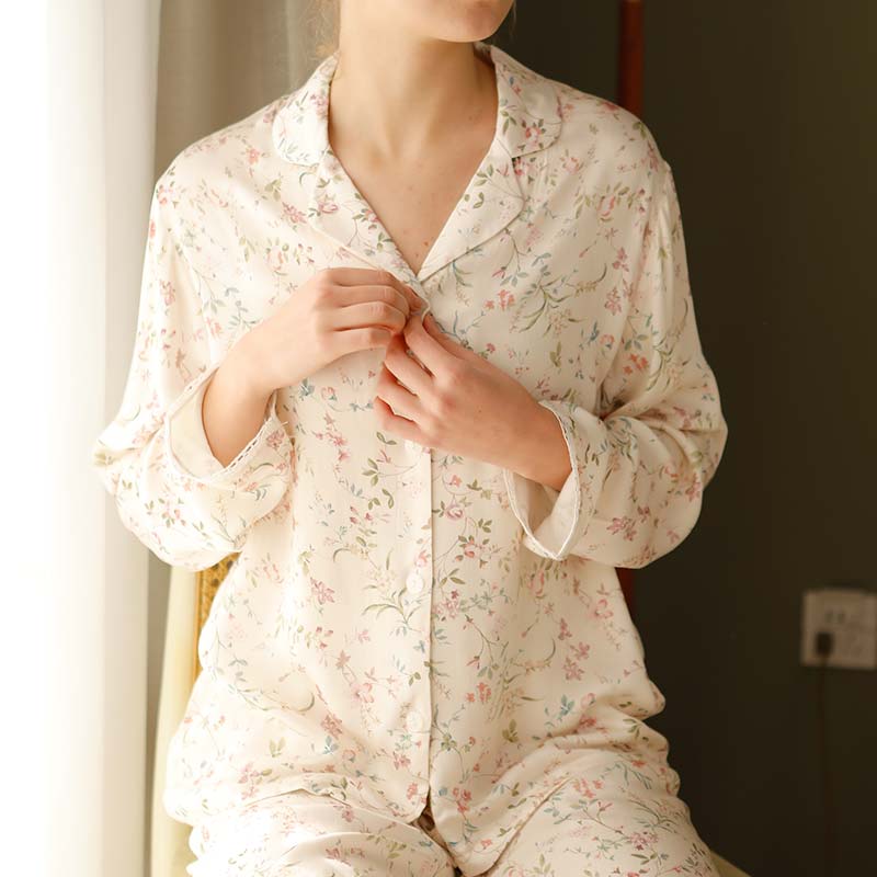 Ownkoti Floral Satin V-Neck Long Sleeve Loungewear