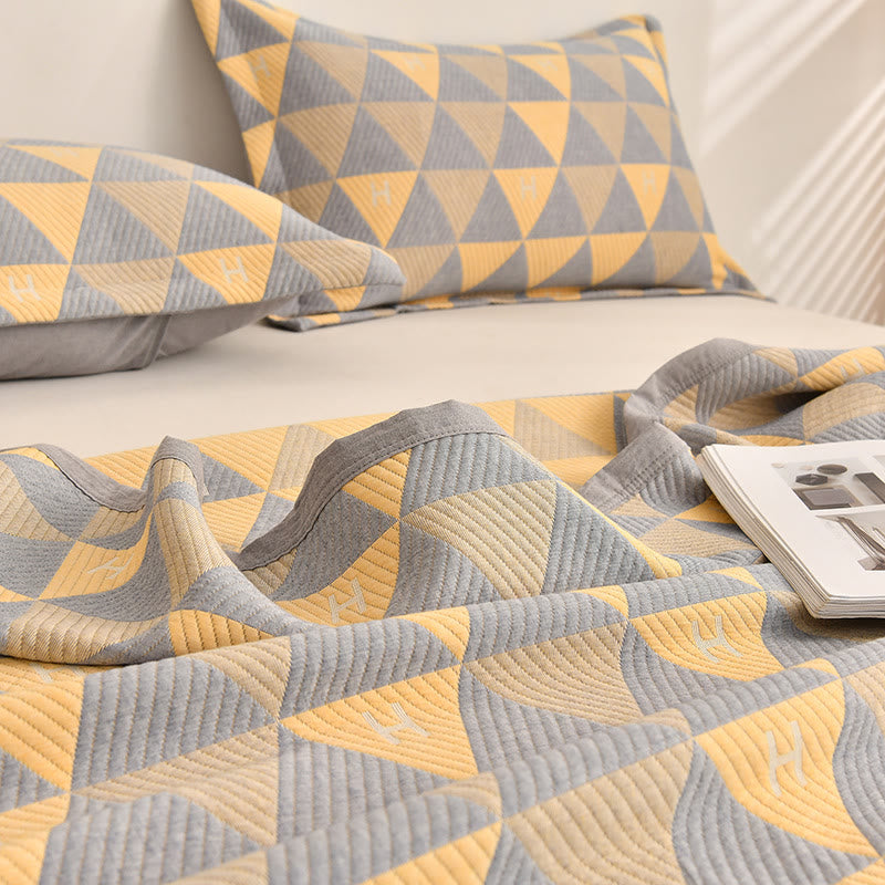 Ownkoti Triangle Pattern Gray & Yellow Cotton Quilt