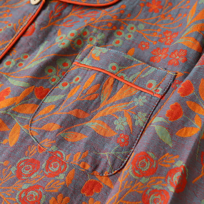 Vintage Leaf Cotton Lapel Loungewear Set - image 3