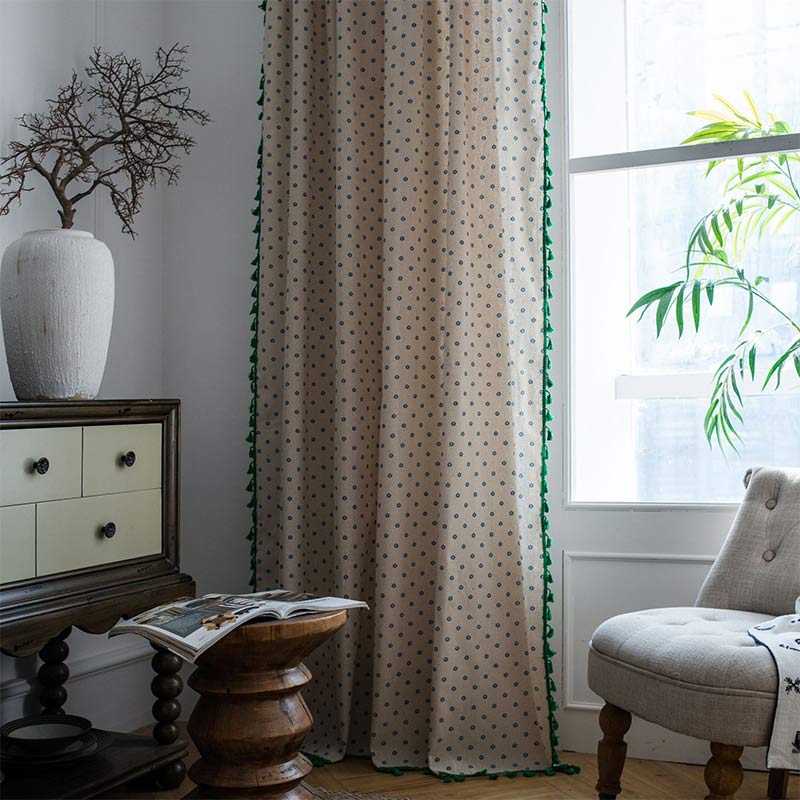 Blue Daisy Green Brim Cotton Curtain