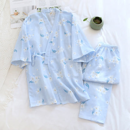 Cotton Gauze V-neck Floral Pajama Set