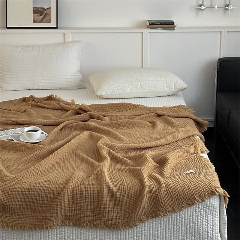 Solid Color Cotton Gauze Tassel Blanket